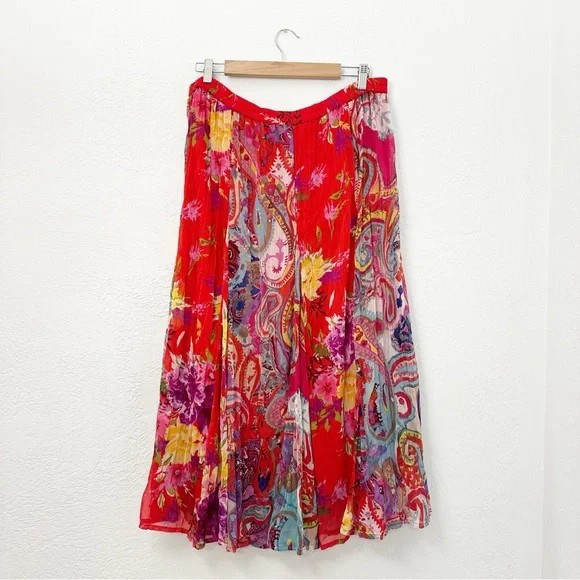 Travel Smith Red Floral Crinkle Chiffon Maxi Skirt Size Large - Picture 2 of 10